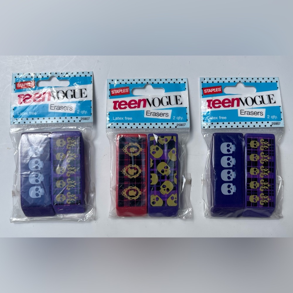 Staples Teen Vogue Set of 3 Skulls & Skeletons Purple & Red Erasers